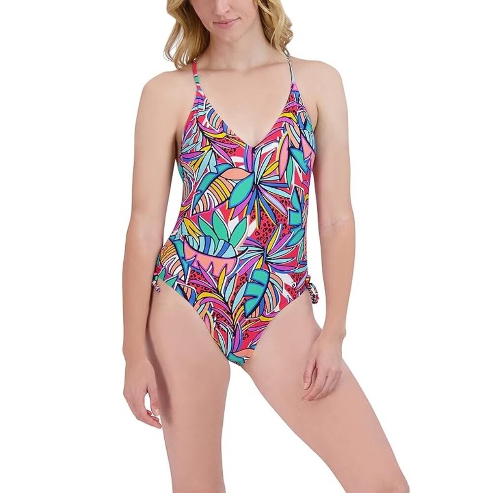 BCBGeneration Tracks Printed Adjustable-Leg One-Piece Swimsuit Size M. h08